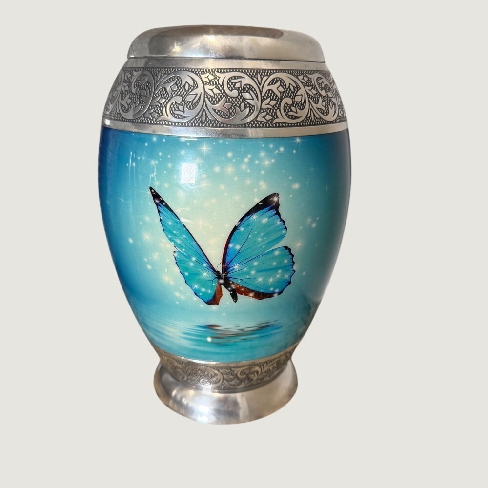 Blue Butterfly Cremation Urn for Human Ashes Large Metal Decorative Funeral Jar